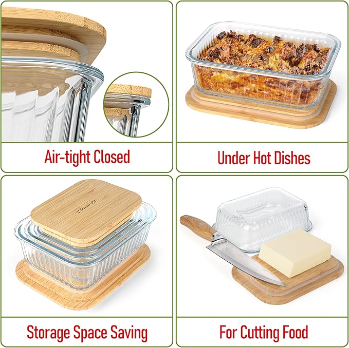 dokaworld Ribbed Glass Tupperware Set with Bamboo Lids - 4 Stackable Meal Prep Containers. Durable heat resistant Inert Borosilicate Glass