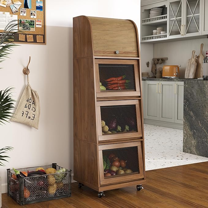 4 Tier Large Potato Storage Bin, Tall Wood Potato and Onion Storage Bin with Wheel, Movable Fruit and Vegetable Basket, Food Small Kitchen Pantry Cabinet, Wooden Bread Box, Walnut, Sliding Door