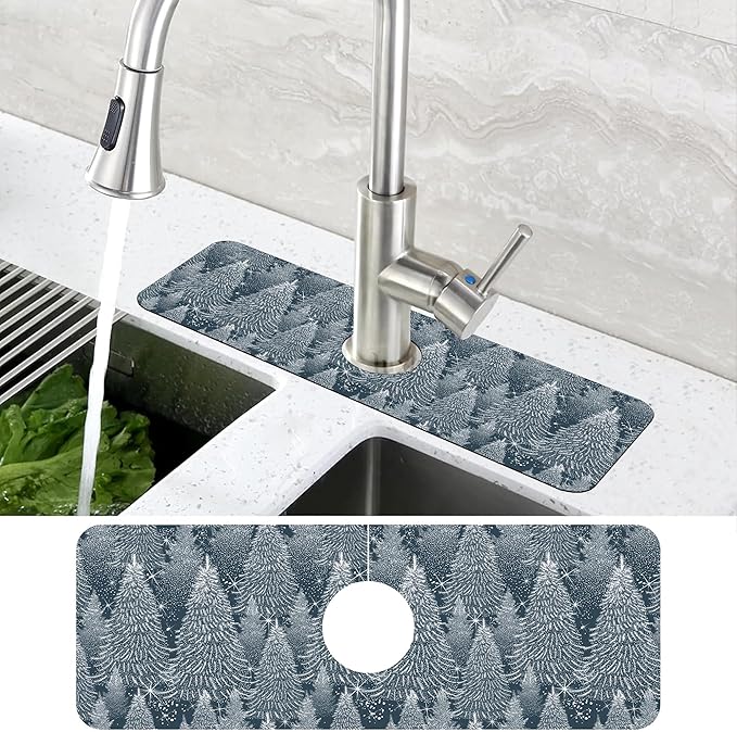 Christmas Forest Sink Faucet Absorbing Mat Pine Spruce Sink Splash Guard Faucet Mat Draining Mat Fast Drying Sink Protectors for Kitchen and Bathroom 5.5"×15"