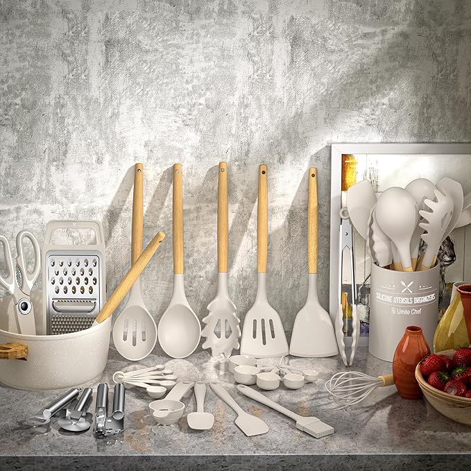 Cooking Utensils Set- Umite Chef Khaki Silicone Kitchen Utensils Set, 34PCS Heat Resistant Kitchen Gadgets Tools Set with Grater, Wooden Handle Kitchen Spatula Set for Nonstick Cookware