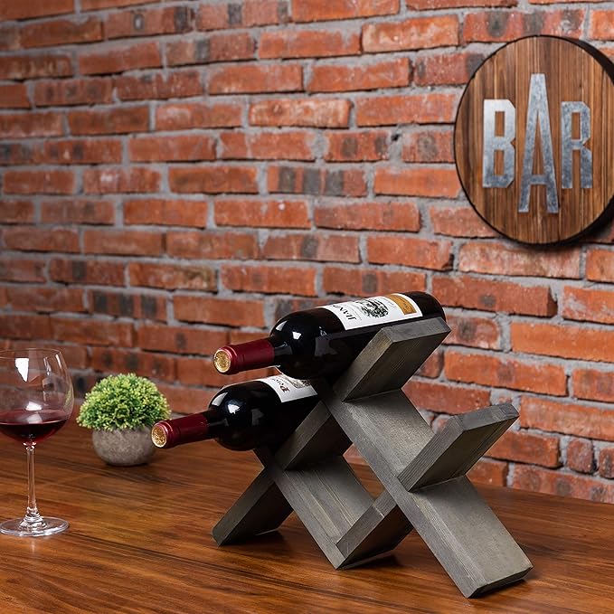 MyGift 4-Bottle Countertop Rustic Brown Wood Wine Rack (Vintage Gray)