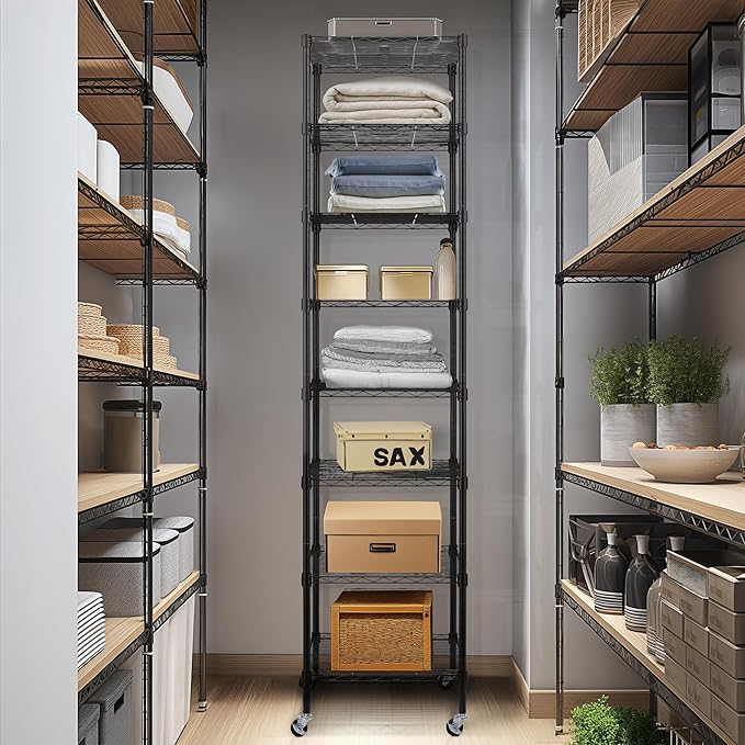 Finnhomy Heavy Duty 8 Tier Wire Shelving with Wheels 18x18x78.7-inches 8 Shelves Metal Storage Rack Thicken Steel Tube, Pantry Shelves for Storage, Adjustable Shelving Unit, NSF Certified, Black