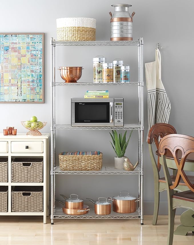 Whitmor 5 Tier Shelving Unit, Metal Storage Shelves, 400 lbs Capacity per Shelf, 2000 lbs Total, Adjustable Heavy Duty Shelf, Easy Assembly for Kitchen, Garage, Plant, 36" L x 14" W x 72" H, Chrome