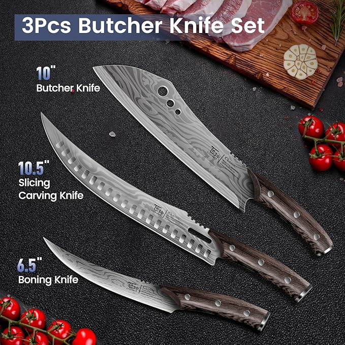 SYOKAMI Butcher Knife Set, 3 PCS Kitchen Knives Set for Cutting, Meat Cleaver Chef Knife Set, Japanese Style High Carbon Steel Knives Set, Chopping & Slicing & Boning for Home and BBQ, Christmas gift