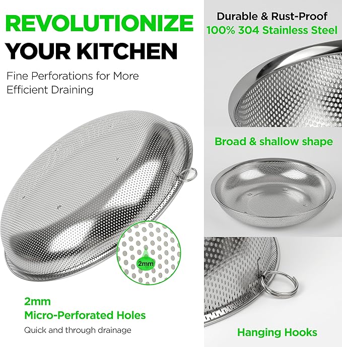 COMPORT K Premium 18/8 304 Stainless Steel Small Colander Set of 3, Comfortable Tray, Micro-Perforated Shallow Colanders 2-3-4 Quart Set, Self-Draining Solid Base for Pasta, Fruits, Vegetables