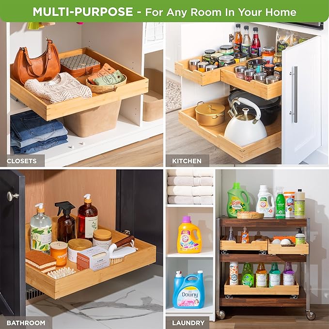 HOLD N’ STORAGE Heavy-Duty Premium Collection Pull Out Cabinet Organizer - Wooden Cabinet Drawer Slide Outs (Wood, 24 Inch)