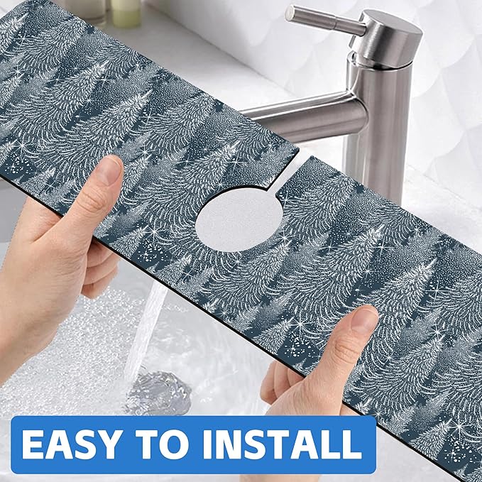 Christmas Forest Sink Faucet Absorbing Mat Pine Spruce Sink Splash Guard Faucet Mat Draining Mat Fast Drying Sink Protectors for Kitchen and Bathroom 5.5"×24"