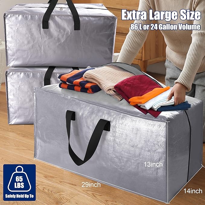 Cosy Family 4 Pack Heavy Duty Extra Large Moving Bags with Backpack Straps - Strong Handles & Zippers, Storage Totes For Space Saving, Fold Flat, Alternative to Moving Box (X-Large-Set of 4, Silver)