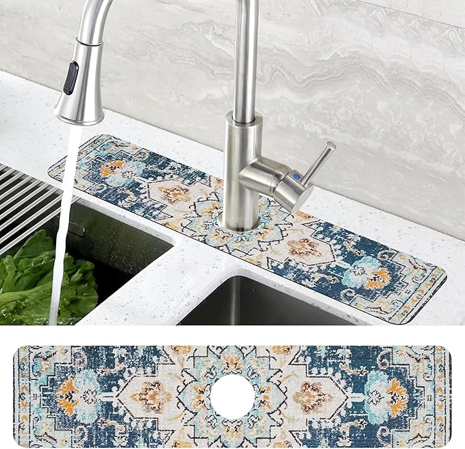 Oriental Blue Turkish Carpet Pattern Sink Faucet Absorbing Mat Sink Splash Guard Faucet Mat Draining Mat Fast Drying Sink Protectors for Kitchen and Bathroom 5.5"×24"