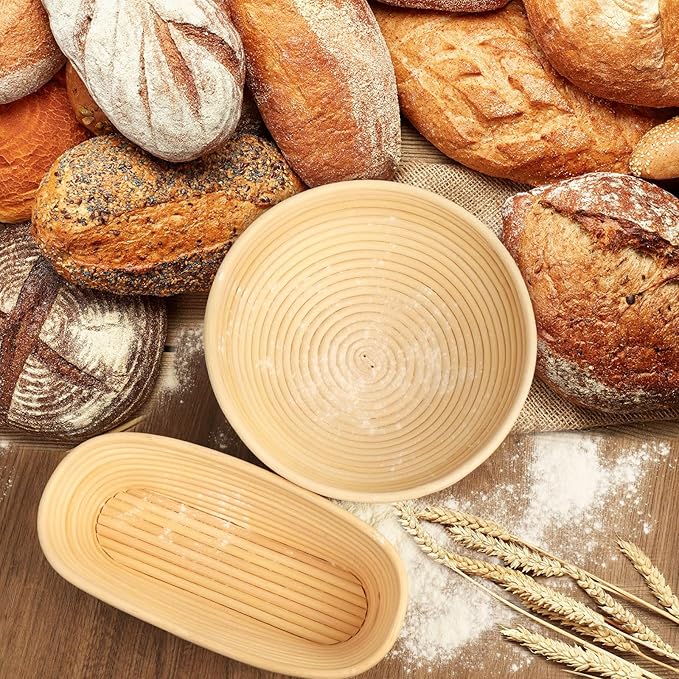 Lorzon Banneton Bread Proofing Baskets Set of 2, 11" Round & 12" Oval Sourdough Proofing Baskets with Sourdough Bread Baking Supplies, Bread Making Kit
