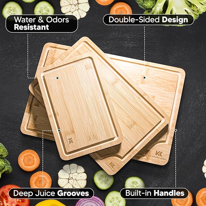 Kiaansh-Kiavi Wood Cutting Boards for Kitchen-Bamboo Cutting Board Set of 3, with Juice Grooves, Thick Chopping Board handles., Large, Natural