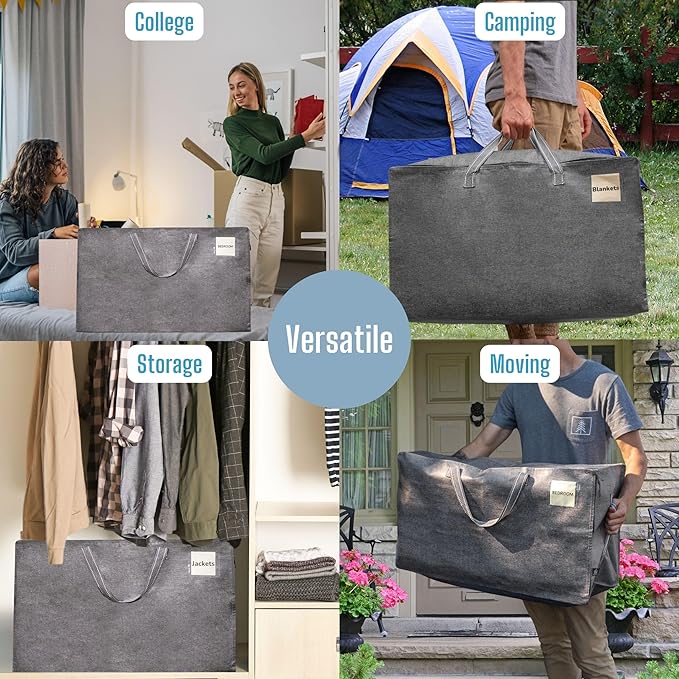 VENO 4 Pack Moving and Storage Bags, Heavy Duty, Alternative to Moving Boxes, Large Packing Totes Supplies for College Dorm Room with Zipper for Clothes, Wide Open Design (Dark Gray, 4 Pack)