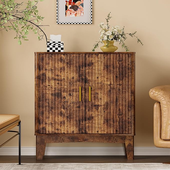 BORNOON Storage Cabinet with Doors and Adjustable Shelf, Modern Fluted Sideboard Buffet Cabinet, Freestanding Coffee Bar for Kitchen, Pantry, Entryway, Living Room (Rustic Brown)