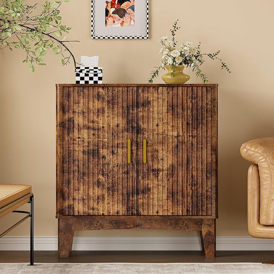 BORNOON Storage Cabinet with Doors and Adjustable Shelf, Modern Fluted Sideboard Buffet Cabinet, Freestanding Coffee Bar for Kitchen, Pantry, Entryway, Living Room (Rustic Brown)