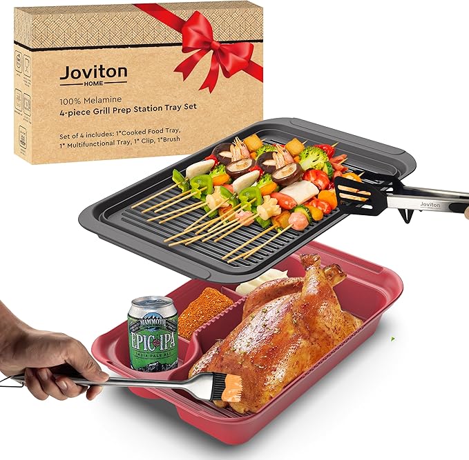 Joviton Home 4PCS Melamine Grill Prep Station Tray Set, Outdoor BBQ Grill Station Accessories for Raw and Cooked Food, BBQ Grill Tools Added