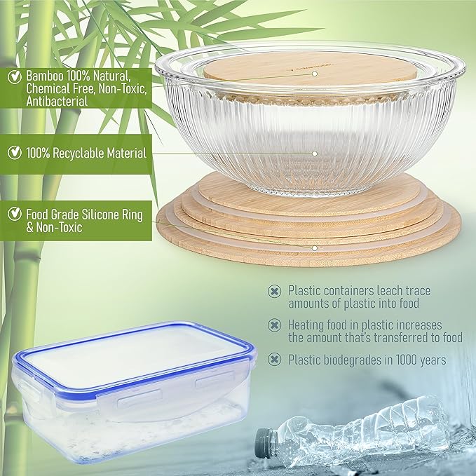 dokaworld Stackable Space-Saving Nesting Set of 3 Glass Bowls with Bamboo Lids for Foodprep, Storage, Mixing & Cooking - Microwave & Oven Safe BPA Free Durable Heat Resistant Inert Borosilicate Glass