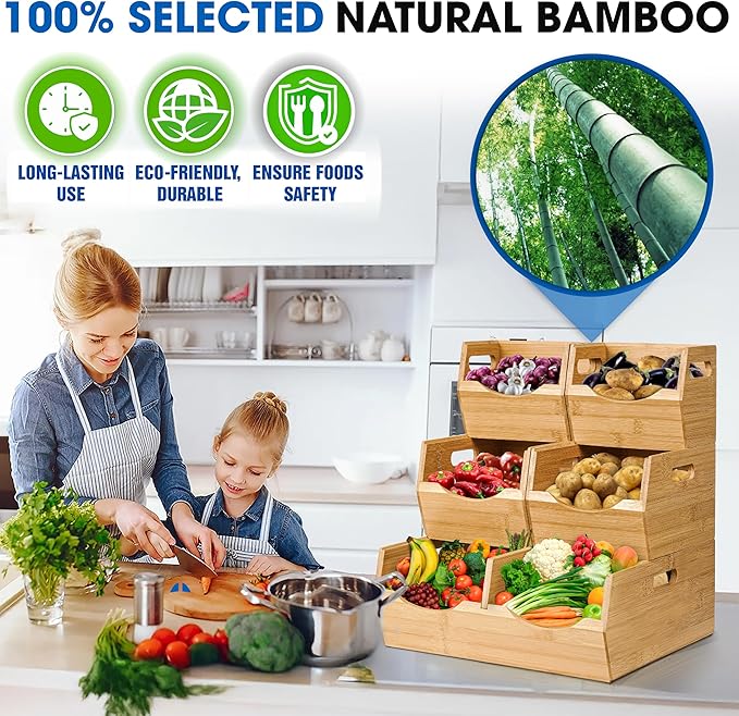 [Upgraded] 3-tier Stackable Bamboo Pantry Storage Bins, Potato and Onion Storage Baskets with Handles, Removable Divider, Pantry Organizer Holder for Kitchen, Office, Cabinet, Fruit Storage