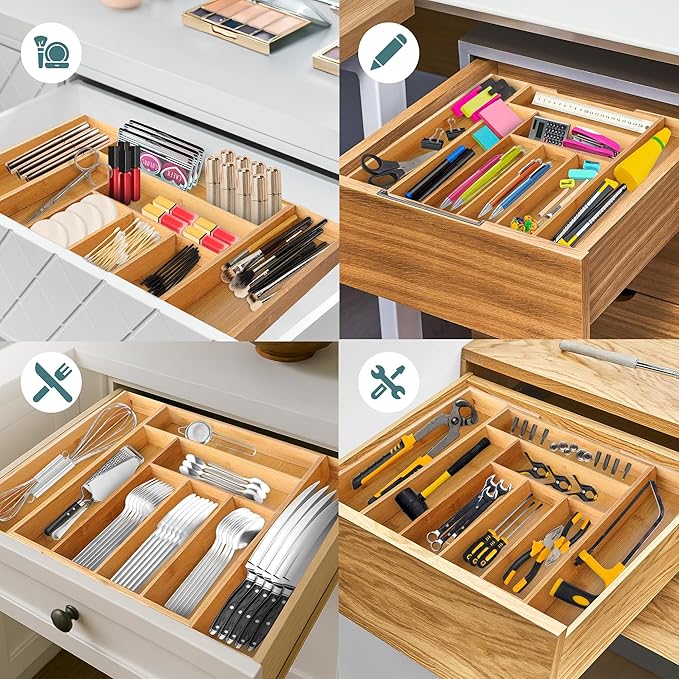 Sben Expandable Drawer Organizer for Utensils Holder, Adjustable Cutlery Tray, Wood Drawer Dividers Organizer for Silverware, Flatware, Knives for Kitchen (Bamboo, Medium)