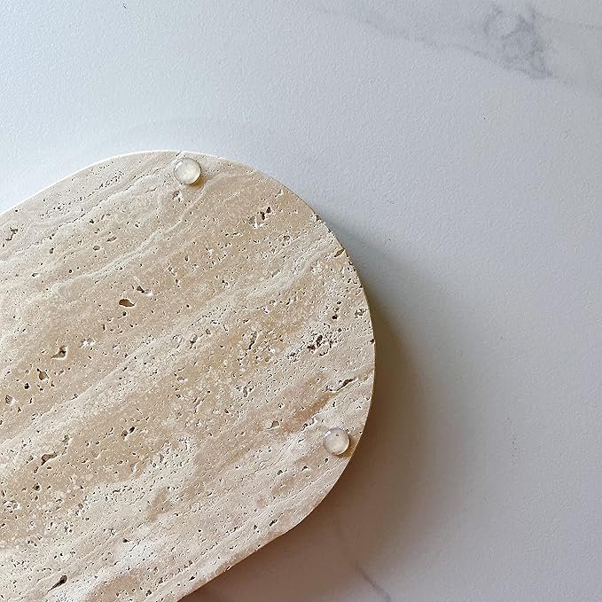 SAIDKOCC Marble Oval Handmade Tray Ornaments Vintage Tray Storage Dish for Counter,Coffee Table,Nightstand and Desk,Bathroom (Beige Travertine)