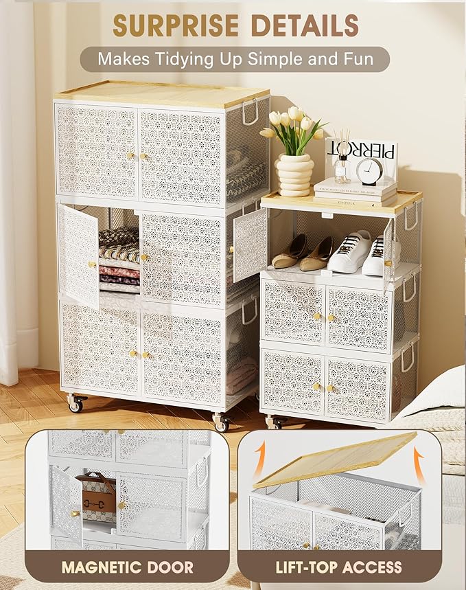 3 Tier Metal Storage Cabinet with wheels, Storage Bins with Magnetic Doors, Storage Cart for Living Room, Bedroom, Bathroom, Laundry, Kitchen