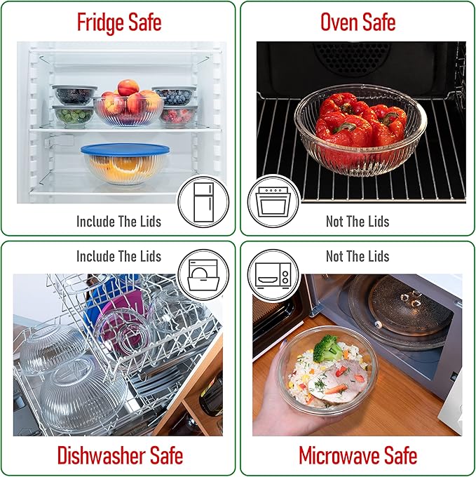 dokaworld Set of 6 Stackable Space-Saving Nesting Glass Bowls with BPA Free Lids for Foodprep, Storage, Baking, Mixing & Cooking, Microwave Safe - Durable Inert Borosilicate Glass