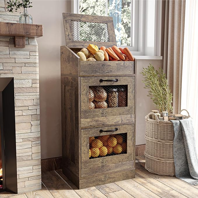 Potato Storage Bin with Lid, Rustic Wooden Onion Storage Bin, Bread Box for Kitchen, Kitchen Decorative Vegetable Storage Cabinet, Rustic Brown HPC001SR