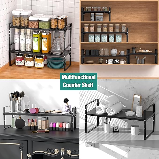SUZLON Expandable Cabinet Shelf Organizer Rack, Stackable Kitchen Counter Storage Shelves Stand, Adjustable Height Pantry Shelf Spice Rack, Heavy Duty Nonslip Black Small 2Pack