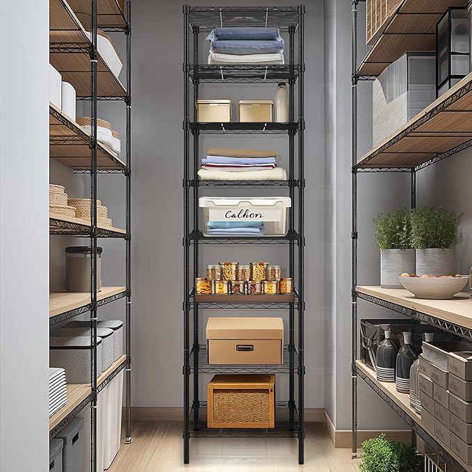 Finnhomy Heavy Duty 8 Tier Wire Shelving, 18x18x78.8 inches 8 Shelves Storage Rack with Thicken Steel Tube, Pantry Shelves for Storage, Adjustable Metal Shelving Unit, NSF Certified, Black