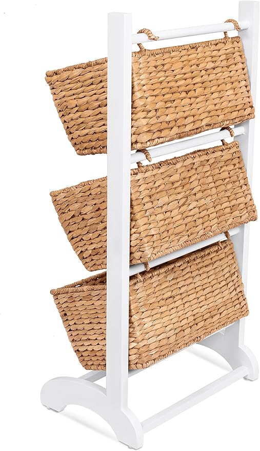 BIRDROCK HOME 3 Tier Abaca Storage Cubby (Natural) - 3 Baskets Made of Durable Seagrass Fiber - Solid Wood Frame - Child Pet Dog Toy Food Storage Organizer Shelf - Kitchen Vertical Rack Unit Stand