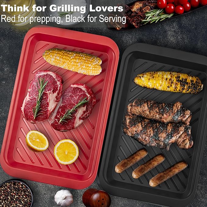 Czlizdyt Bamboo Grilling Prep and Serve Trays with lid, BBQ Tray for Marinating Raw and Cooked Food, Diswasher Safe Nesting Trays Black in Red