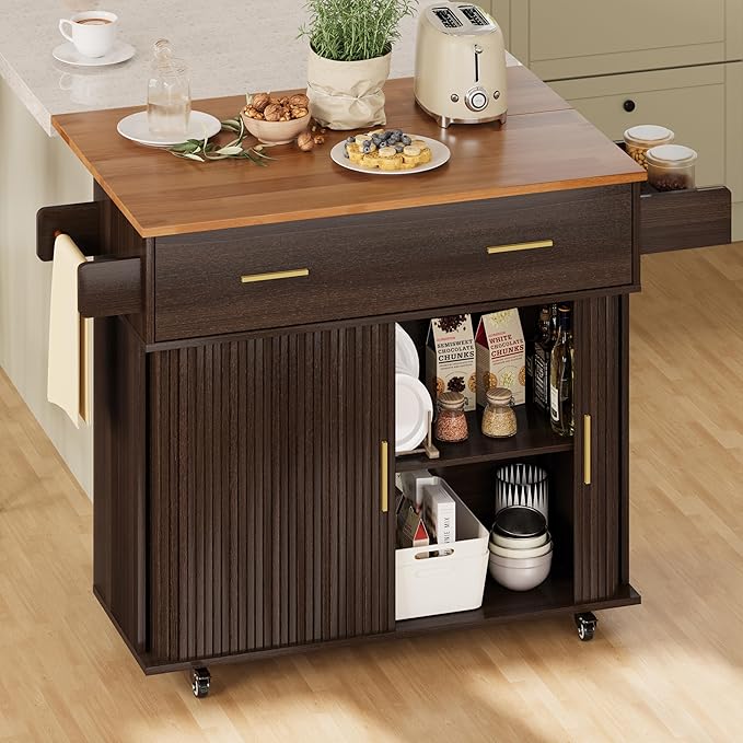 DHH Rolling Kitchen Island with Drop Leaf Countertop&Ample Storage - 39.4" Small Mobile Kitchen Cart On Wheels with Sliding Door,Drawers,Spice Rack & 2-Tier Storage (Coffee)