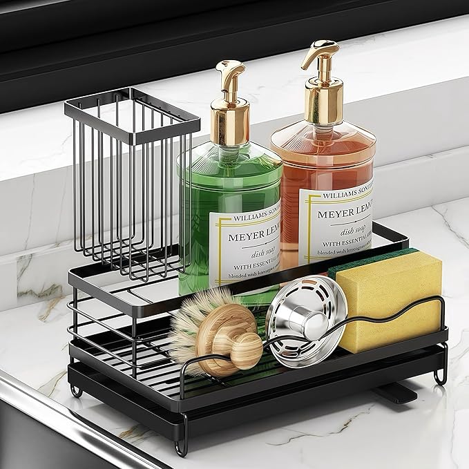KINGBERW Large Sponge Holder for Kitchen Sink, Auto Draining Sponge Sink Caddy Organizer with Brush Holder, Kitchen Countertop Organizers and Storage Essentials, Black