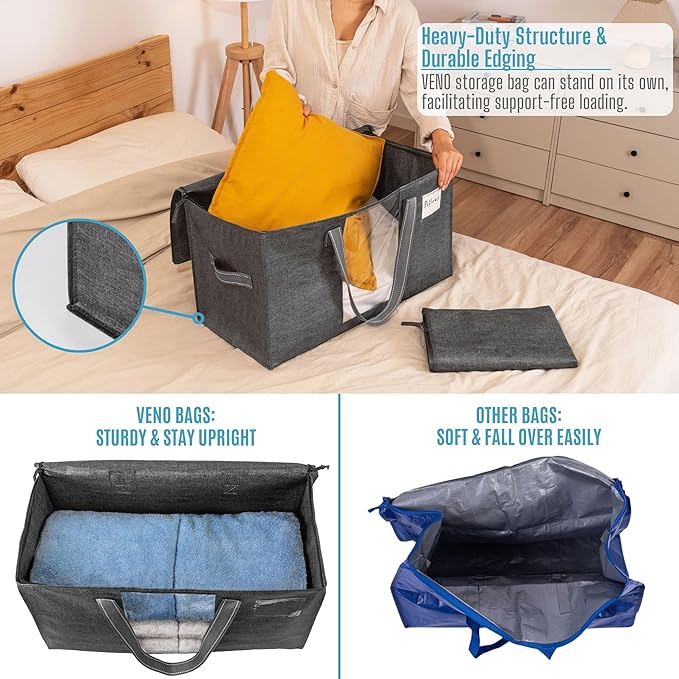 VENO 8 Pack Moving Bags, Christmas Storage Bins, Moving Boxes Alternative, Comforter and Blanket Storage Bags, College Dorm Packing Supplies, Foldable Heavy-Duty Tote with Window (Gray, 8 Pack)
