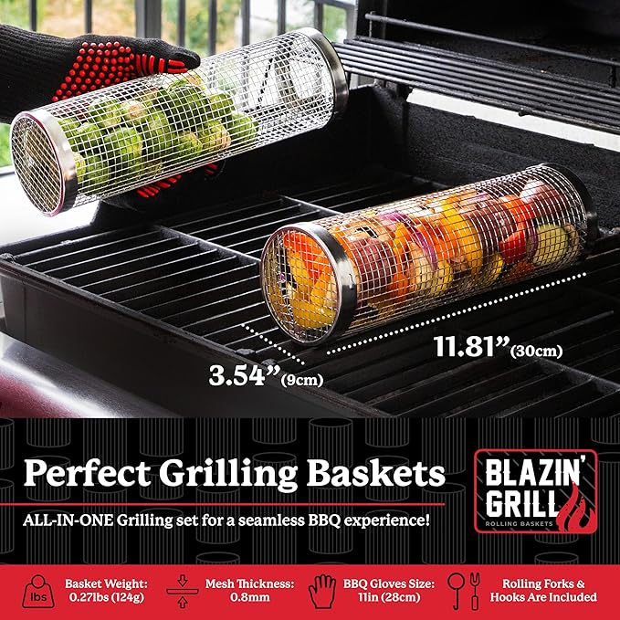 Blazin' Grill Rolling Grill Basket | Rolling Grilling Baskets for Outdoor Grilling 2 Pcs | Barbecue Grill Set with BBQ Gloves | Portable Camping Net Rack Perfect for Vegetables, Seafood & Meat