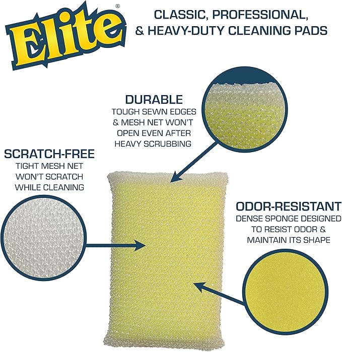 Elite All Purpose Cleaning Pad, 12 Pads (4x3pack), Non Scratch, Dish Sponge, Scrubber, Sponges for Kitchen and Household Use, Made in USA