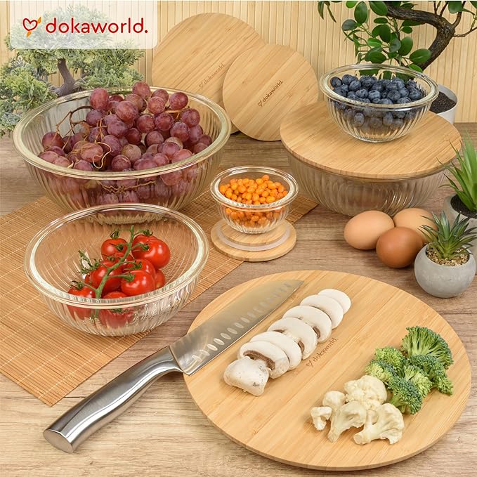 dokaworld Stackable Space-Saving Set of 5 Nesting Glass Bowls with Bamboo Lids for Foodprep, Storage, Baking, Mixing & Cooking, Microwave & Oven Safe BPA Free Heat Resistant Inert Borosilicate Glass