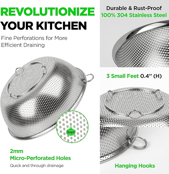 COMPORT K Premium 18/8 304 Stainless Steel Micro-Perforated Small and Big Colander Set of 4 with rings - 3.5-5.5-7.5-9.5 Quart Set, Self-Draining Solid Base for Pasta, Fruits, Vegetables