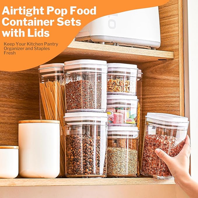 Pop Top Food Storage Container Set | 4Pcs Airtight Cereal Storage Organizer Canisters with Pop Lids, BPA-Free, Vacuum Seal & One-button Opening, Stackable Pantry Containers for Dry Food Storage