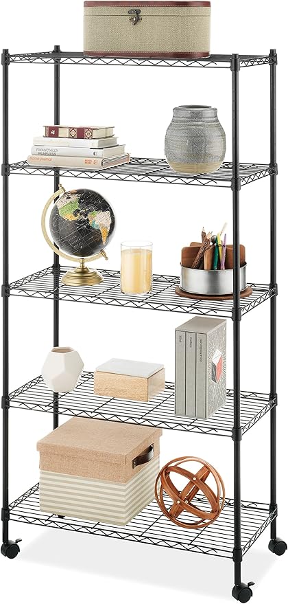 Whitmor 5 Tier Supreme Shelving Unit, Metal Storage Shelves, Adjustable Heavy Duty Shelf with Wheels, 400 lbs Capacity per Shelf, 2000 lbs Total for Pantry, Garage, Kitchen, Black