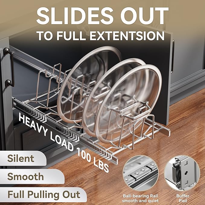 Slide Out Pot Lid Organizer Under Cabinet, Wire Dividers Kitchen Pull Out Pot Lid Storage Rack Holder, Full-Extension Rail 21" W*22" D