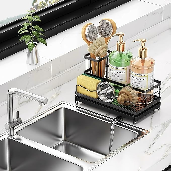 KINGBERW Large Sponge Holder for Kitchen Sink, Auto Draining Sponge Sink Caddy Organizer with Brush Holder, Kitchen Countertop Organizers and Storage Essentials, Black
