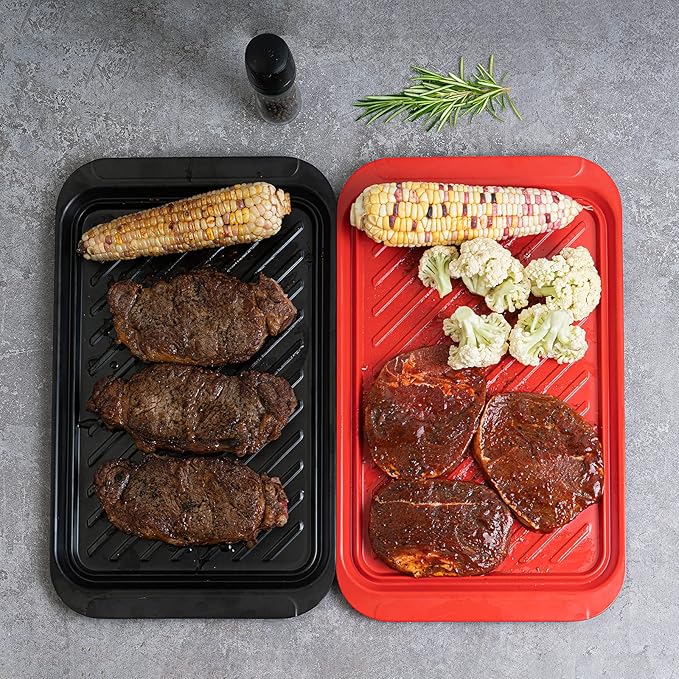 TP Grilling Prep and Serve Trays, 17 x 10.5 inch BBQ Trays for Cooked and Raw Foods, Set of 2 Melamine Serving Platters for Meats, Grill Accessories, Black and Red