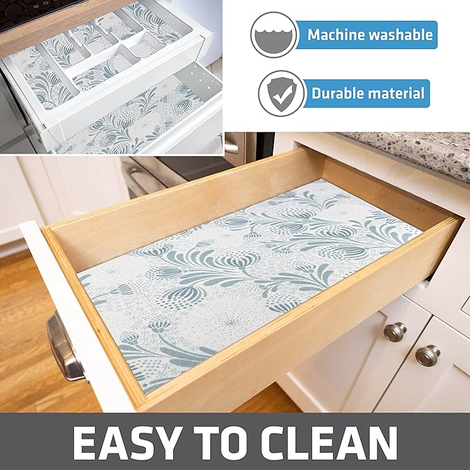 Drymate Premium Luxury Shelf & Drawer Liner, Thick Cushioned Fabric, Non-Adhesive, Absorbent, Waterproof, Slip-Resistant, Liners for Kitchen Cabinets (USA Made)(12”x59”)(24-Pack)(Light Blue)