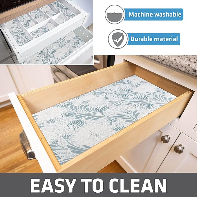 Drymate Premium Luxury Shelf & Drawer Liner, Thick Cushioned Fabric, Non-Adhesive, Absorbent, Waterproof, Slip-Resistant, Liners for Kitchen Cabinets, Cupboards (USA Made)(12”x59”)(2-Pack)(Light Blue)