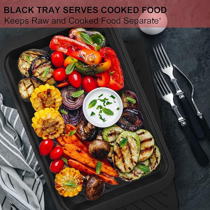 GAYIMEI Deep Grill Carry System with Lids, Cutting Board, Tong, Gift Ready BBQ Carry Tray for Prepping, Marinating and Serving, Diswasher Safe, Nesting Platters Black in Red