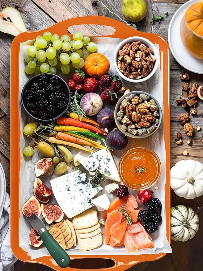 Extra Large Serving Tray with Handles, 19''x11.6'' Rustic Orange Melamine Platters, Rectangular Trays for Serving Food, Turkey, Cookie, Cupcakes, Desserts, Dishwasher Safe, BPA-Free, Set of 2