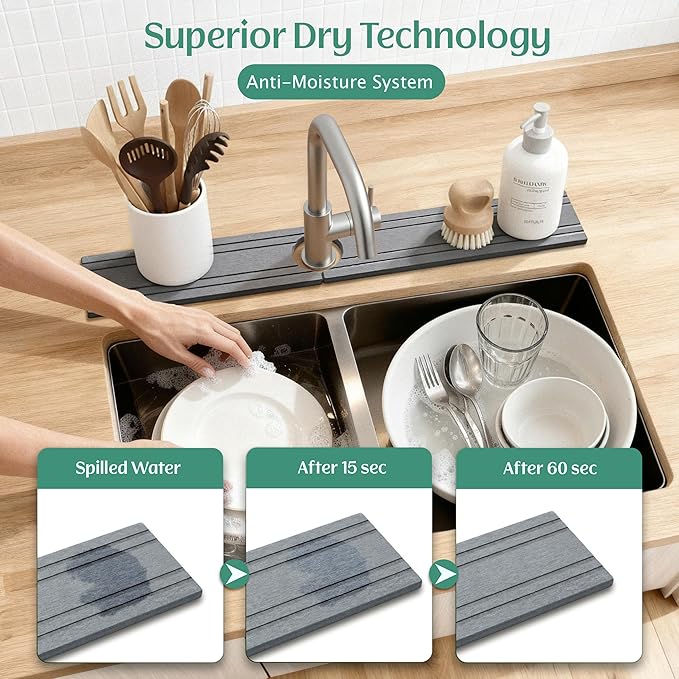 Stone Faucet Mat for Kitchen Sink Splash Guard 23.6" x 3.9" with 2.5" Center Hole | Light Grey Diatomite Drying Stone Mat | Non-Slip Stone Tray for Kitchen Counter with Premium Texture