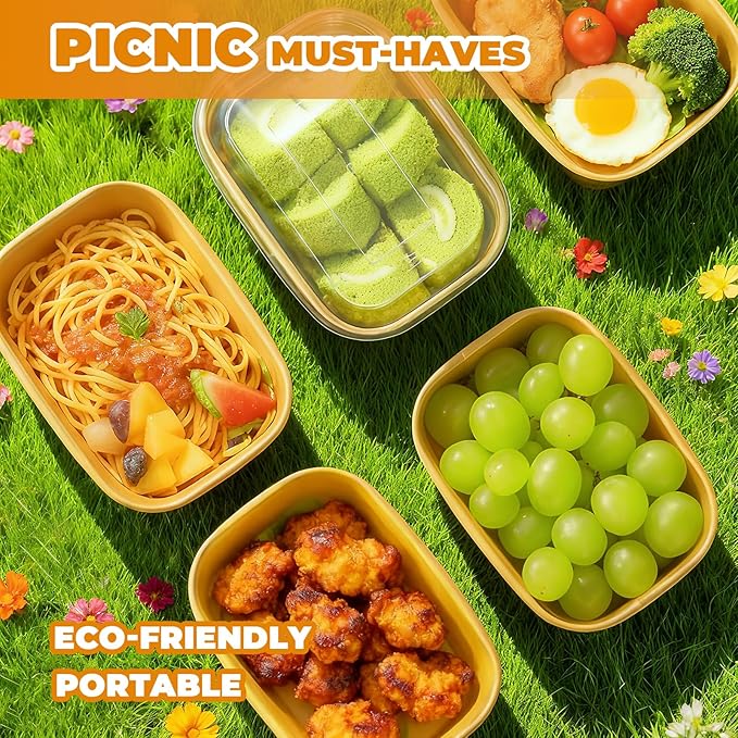 Kaderron 50 Pack 25 OZ Large Paper Bowls with Lids【with Spoons and Forks】, Heavy Duty Disposable Meal Prep Containers for Party, Disposable Bowls Bulk Soak-Proof and Microwave Safe for Hot/Cold Use