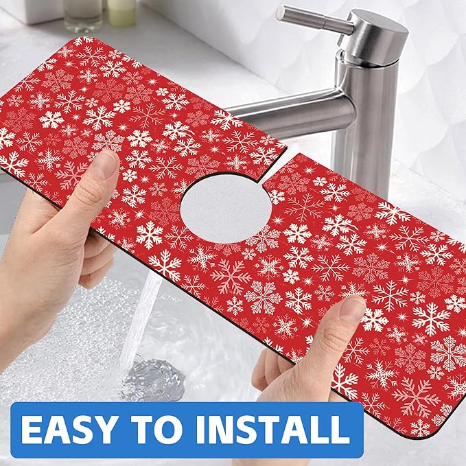 Christmas Snowflake Kitchen Sink Splash Guard Mat Absorbent Fast Drying Mat Faucet Draining Mat Sink Splash Guard Behind Faucet Drip Catcher for Kitchen Bathroom 5.5"×15"
