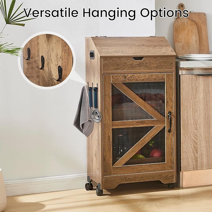 Potato Storage Bin, Large Movable Bread Box with Lid, 3 Tier Vegetable Organizer Cabinets, Decorative Fruit and Vegetable Box for Kitchen (Walnut)